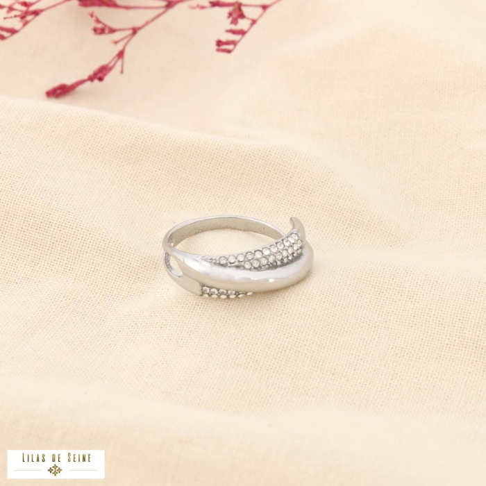 Bague acier inoxydable strass ouvert entrelacé 0425568 argenté