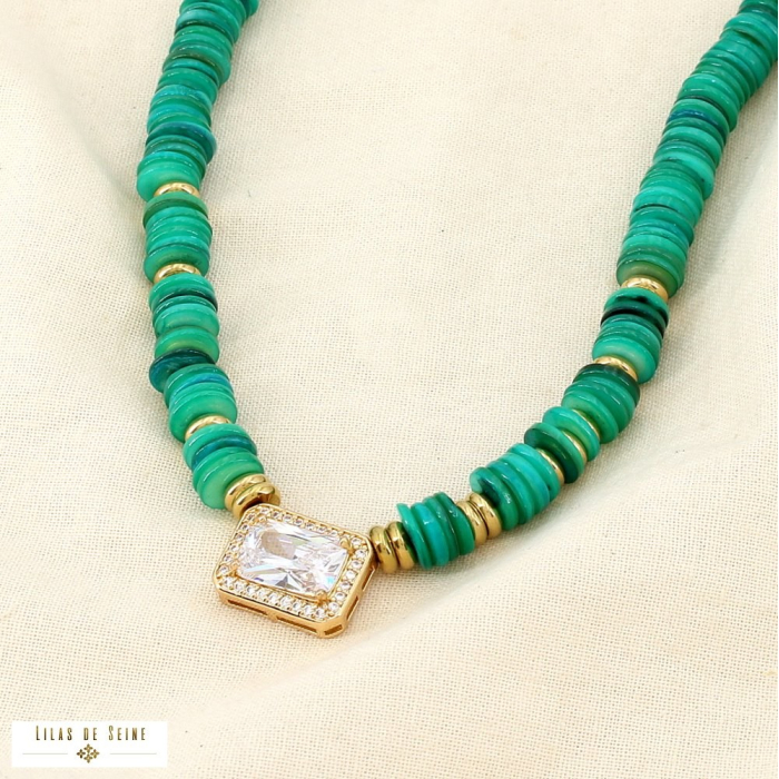 Collier acier inoxydable rondelle nacre strass 0126002 vert