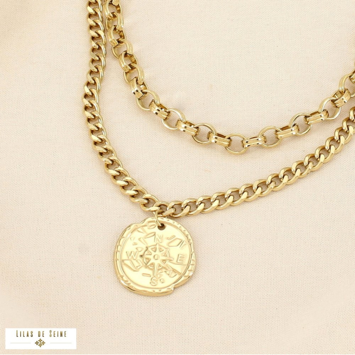 Collier double-rangs médaille boussole acier inox. 0126005 doré