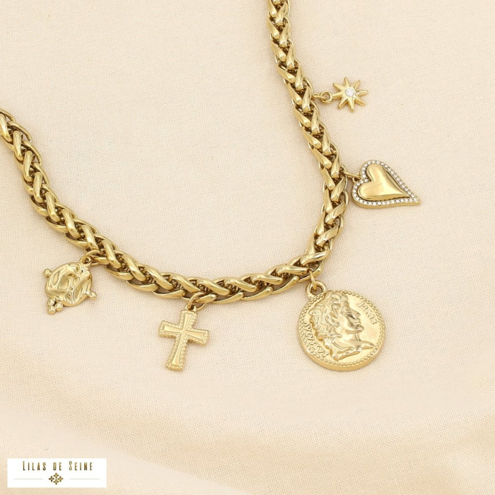 Collier breloques chaîne maille palmier acier inox. 0126025 doré