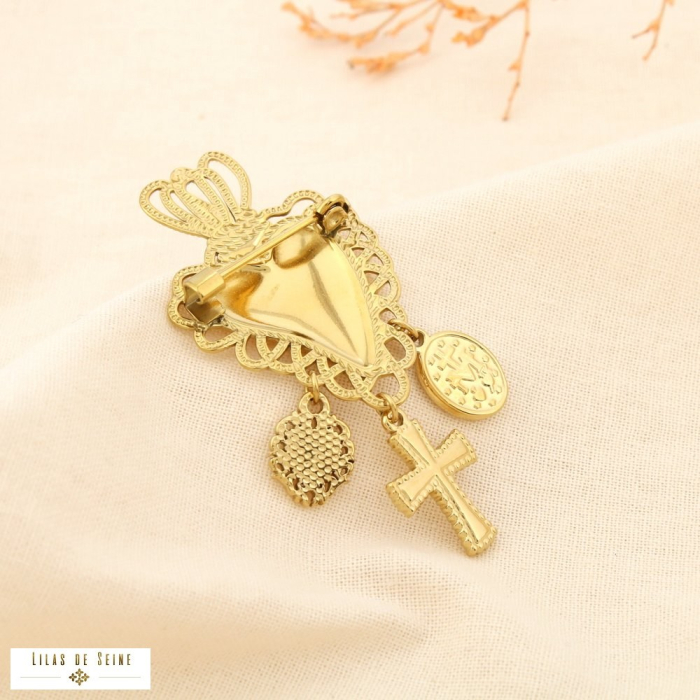 Broche à épingle cœur sacré breloques acier inox. 0525517 doré