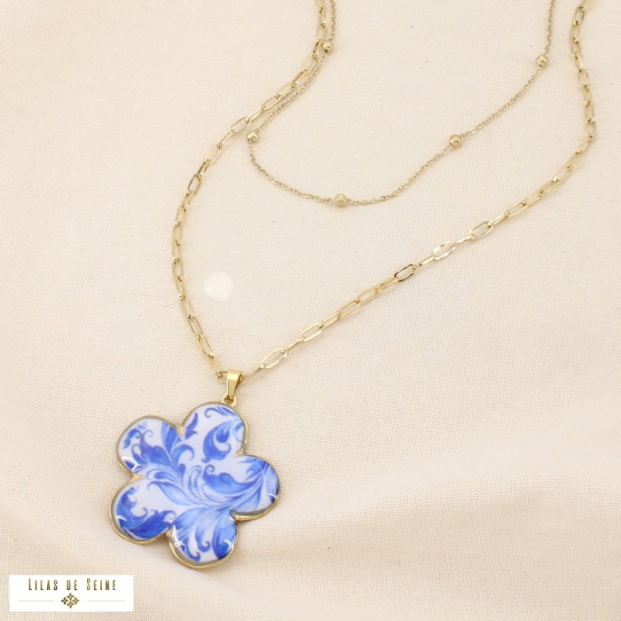 Collier layering double-rangs acier fleur émaillée 0126120 bleu