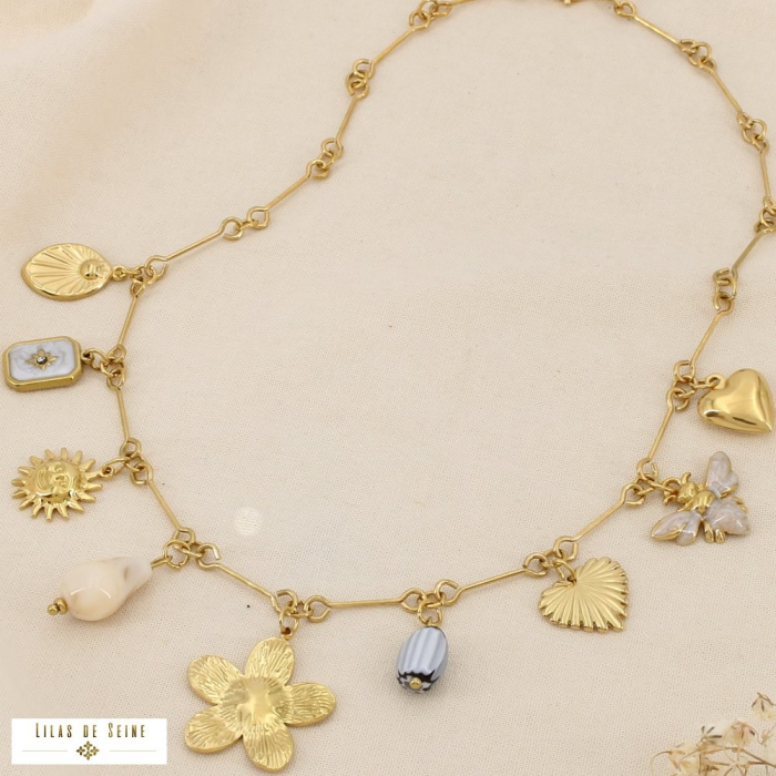 Collier breloques acier inox. chaîne maille tige 0126093 naturel/beige