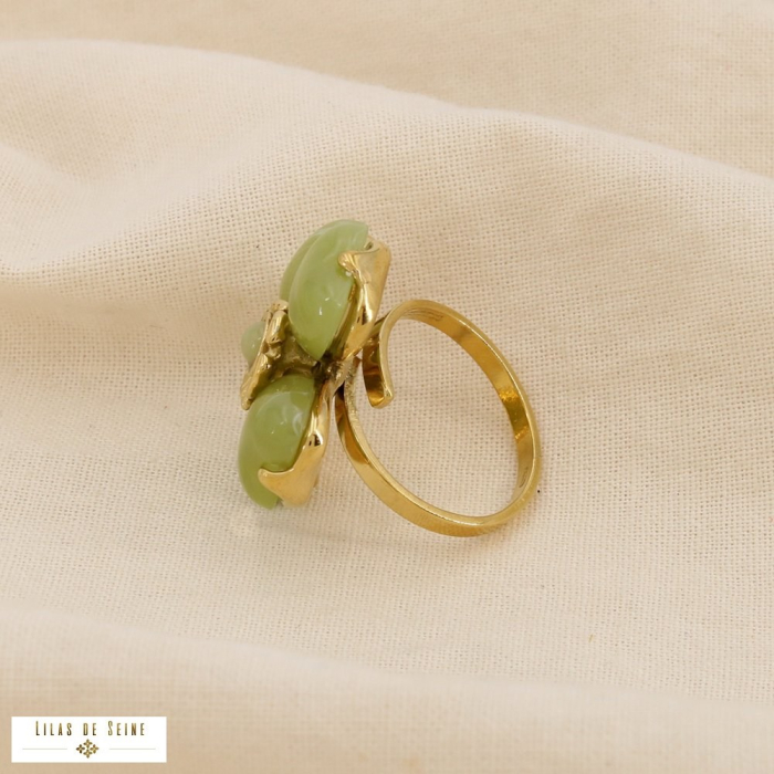 Bague ouverte fleur 4 pétales résine acier inox. 0426007 vert