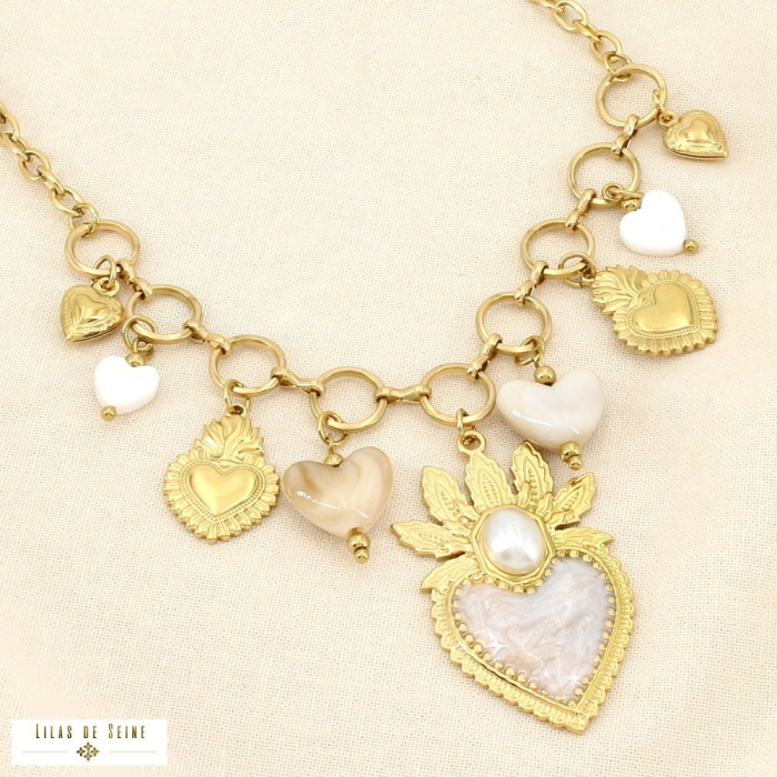 Collier acier breloque émail nacre perle cœur Bohème 0126057 naturel/beige