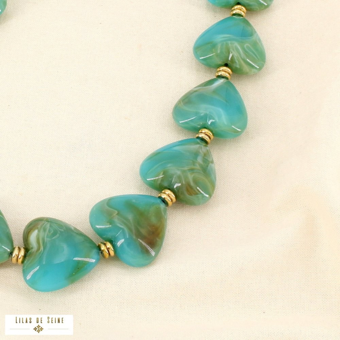 Collier acier inoxydable résine marbrée cœur 0126067 bleu turquoise