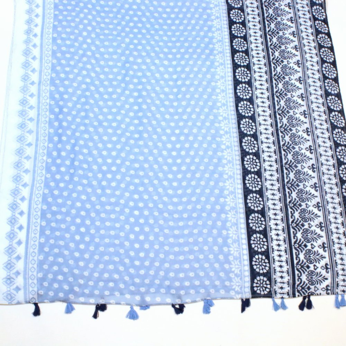 Foulard pompons imprimé graphique viscose coton 0726004 bleu foncé