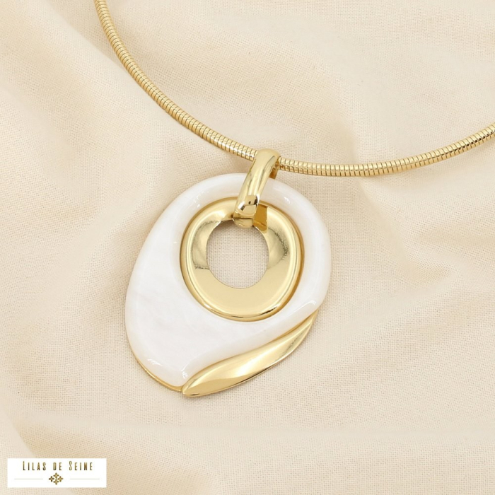 Collier acier inox. pendentif ovale résine marbrée 0126019 naturel/beige