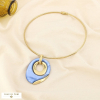 Collier acier inox. pendentif ovale résine marbrée 0126019 bleu ciel