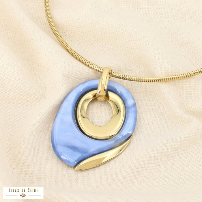 Collier acier inox. pendentif ovale résine marbrée 0126019 bleu ciel