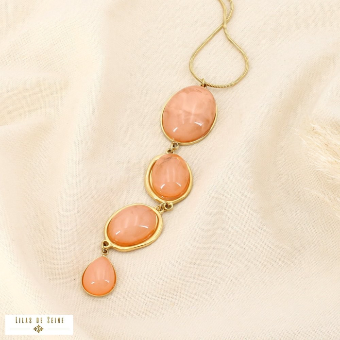 Collier acier inox. cascade cabochons résine marbrée 0126032 saumon