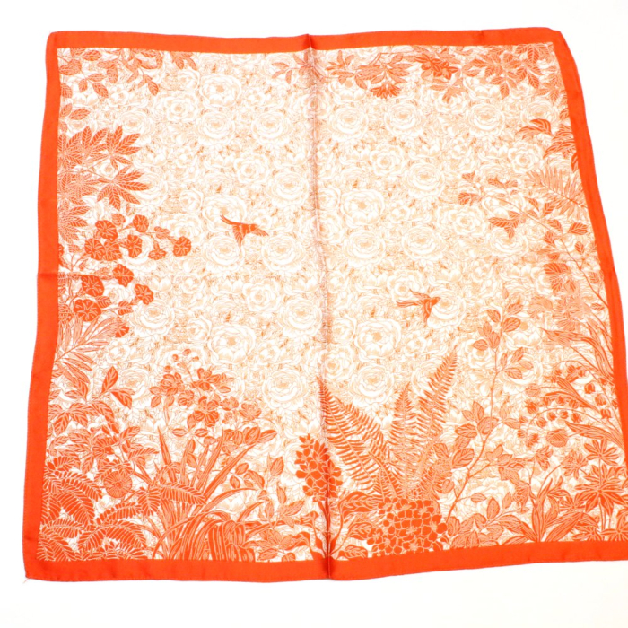 Carré satin floral oiseaux touché soie polyester 0726015 rouge corail