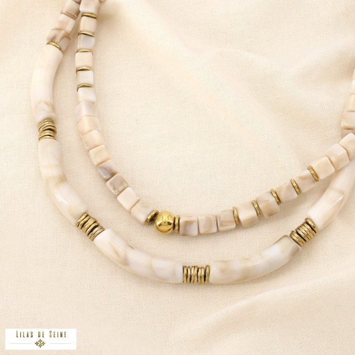 Collier layering cubes tubes résine marbrée acier 0126061 naturel/beige