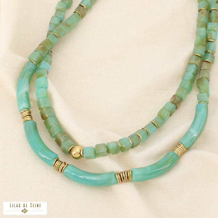 Collier layering cubes tubes résine marbrée acier 0126061 bleu turquoise