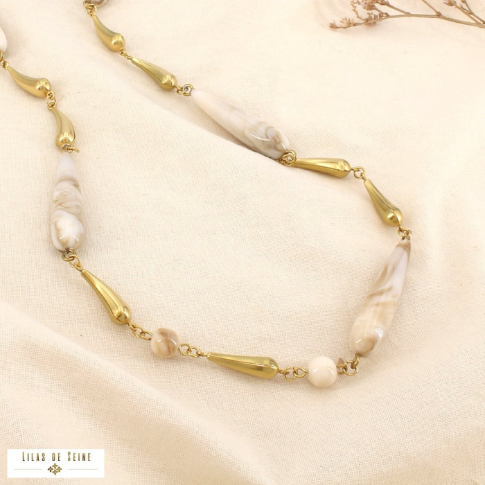 Sautoir gouttes allongées résine marbrée acier inox. 0126065 naturel/beige