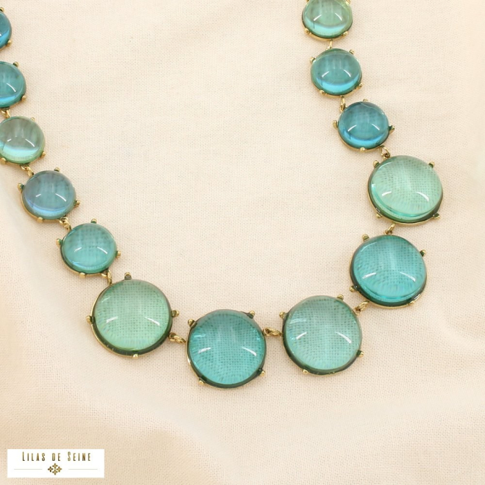 Collier acier cabochons ronds résine translucide 0126050 vert aqua