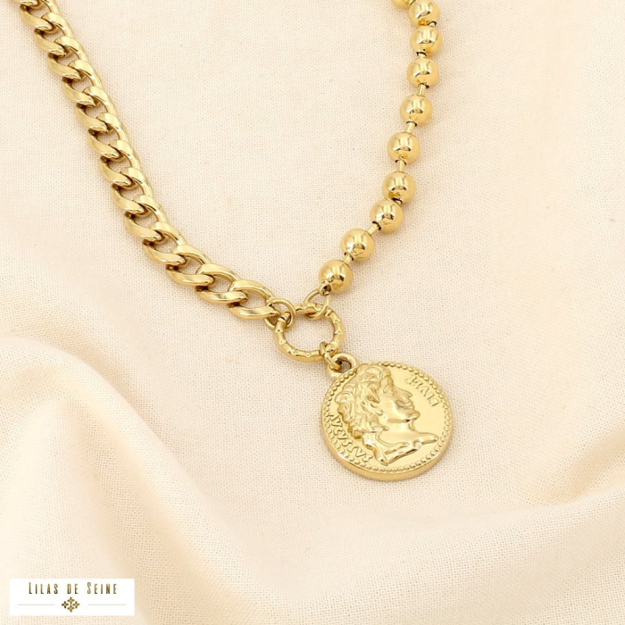 Collier acier style monnaie antique billes maillons 0126012 doré