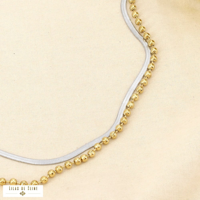 Collier double rang acier inox billes chaîne plate 0126007 doré/argenté