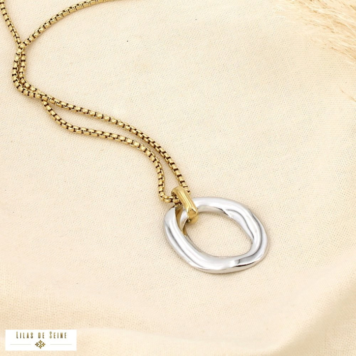 Collier acier bicolore contemporain pendentif ovale 0126031 doré/argenté