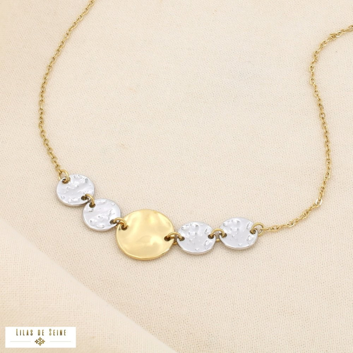 Collier acier inoxydable bicolore pastille martelée 0126013 doré/argenté