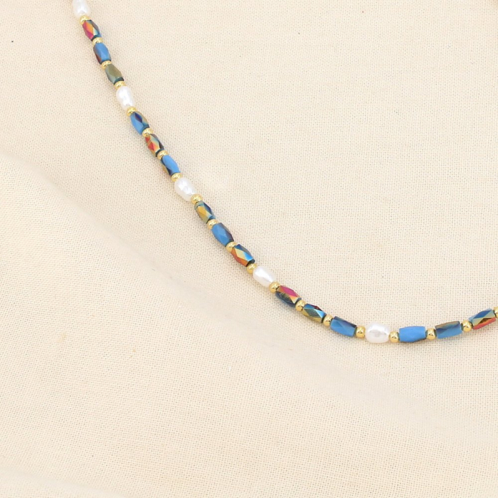 Collier acier inoxydable cristal perles acryliques 0126003 bleu