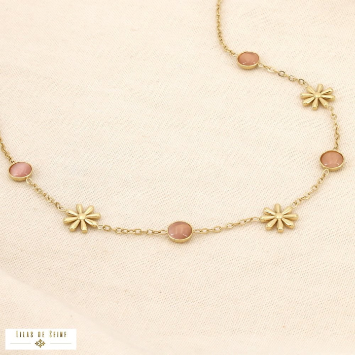 Collier acier inoxydable floral cabochon verre 0126084 rose