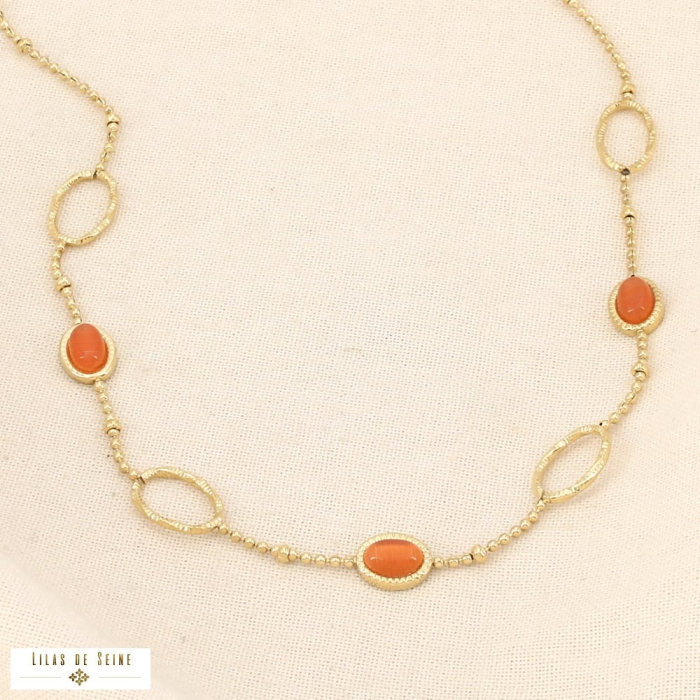 Collier acier inoxydable verre formes ovales 0126086 orange