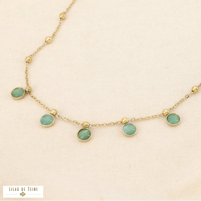 Collier acier inoxydable verre minimaliste billes 0126087 bleu turquoise