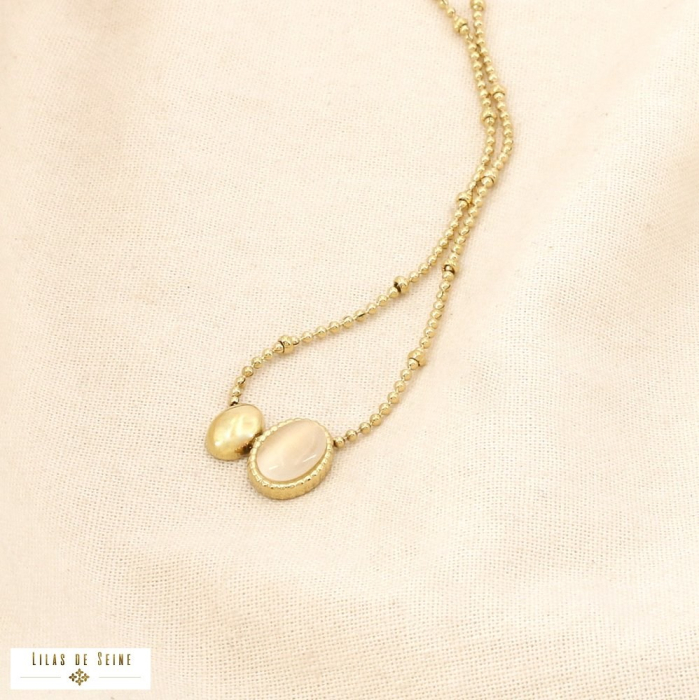 Collier acier inoxydable verre double cabochon 0126088 naturel/beige