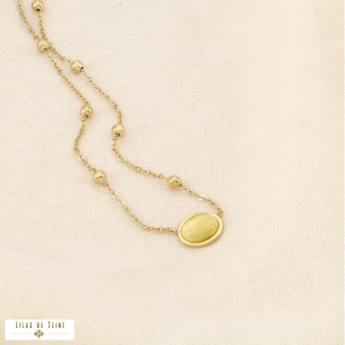 Collier acier inoxydable billes verre cabochon ovale 0126090 jaune