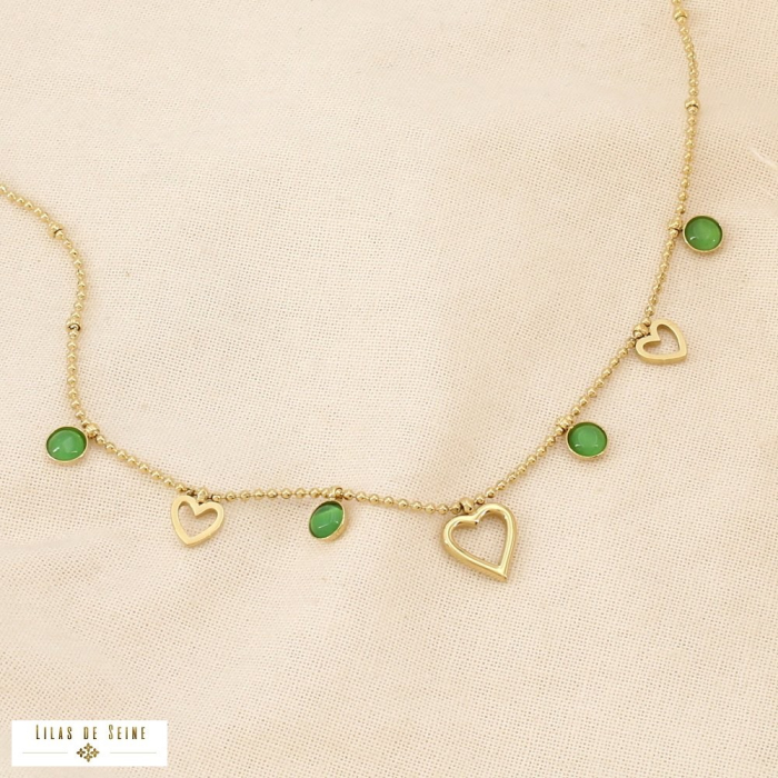 Collier acier inoxydable verre cœurs cabochons 0126091 vert