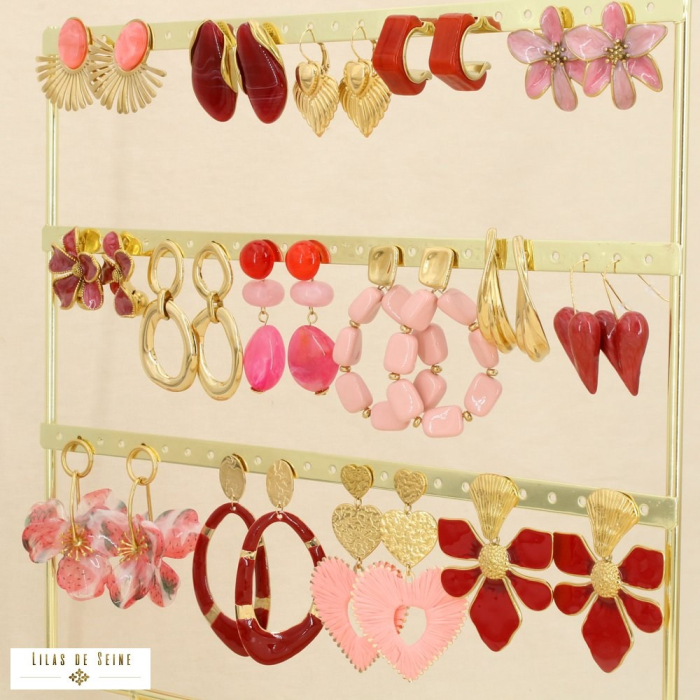 Ensemble 15 boucles d'oreilles acier floral bohème 0326125 rouge