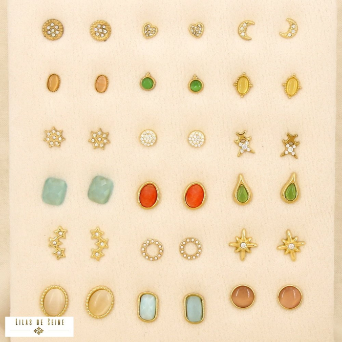 Ensemble 18 puces d'oreilles acier verre strass 0326136 multi