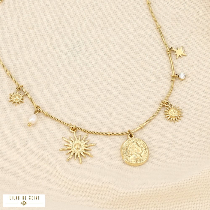 Collier acier breloques strass perle d’eau douce 0126024 doré