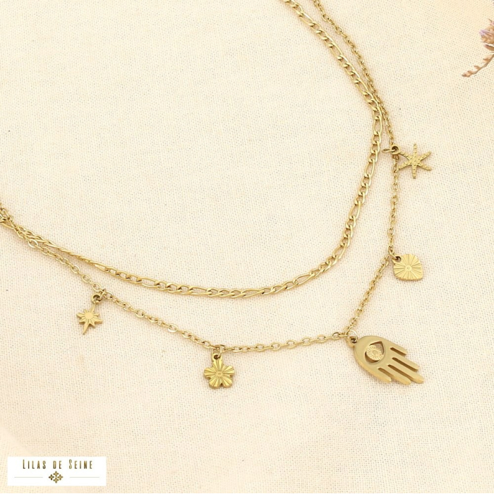 Collier acier double rang main cœur étoile œil fleur 0126035 doré