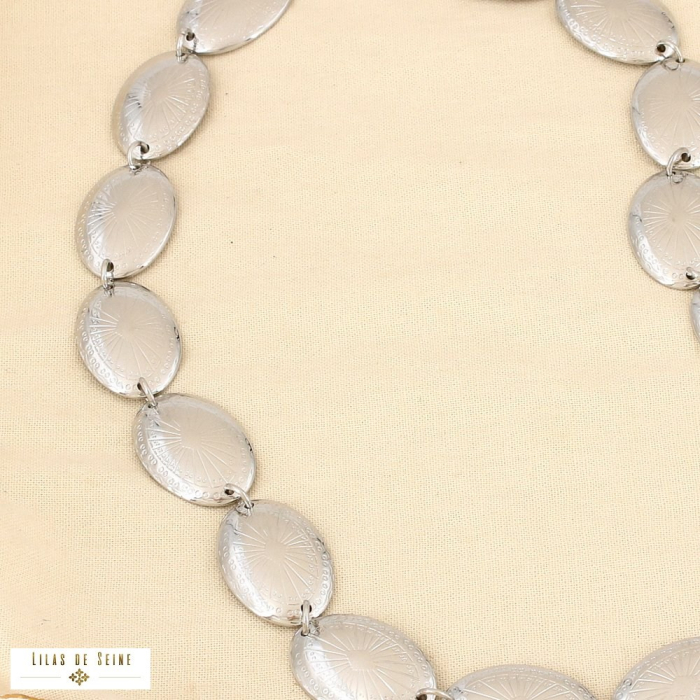 Collier acier maillon ovale gravé losange rayonnant 0126022 argenté