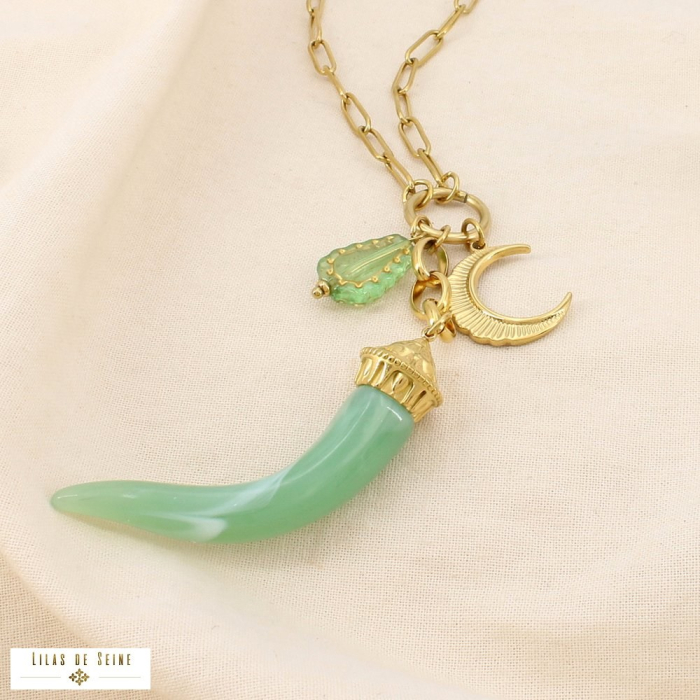 Collier sautoir acier résine forme corne marbrée 0126055 vert kaki