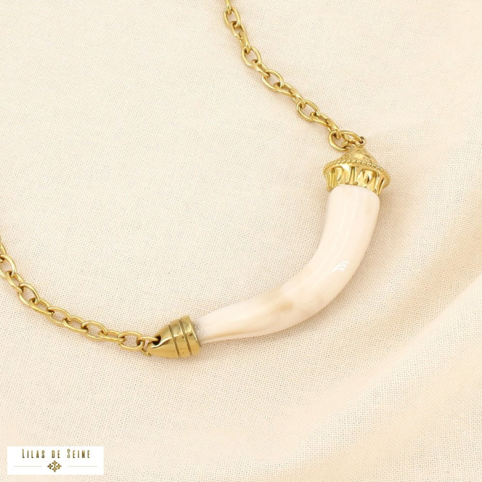 Collier acier inoxydable résine forme corne marbrée 0126056 naturel/beige