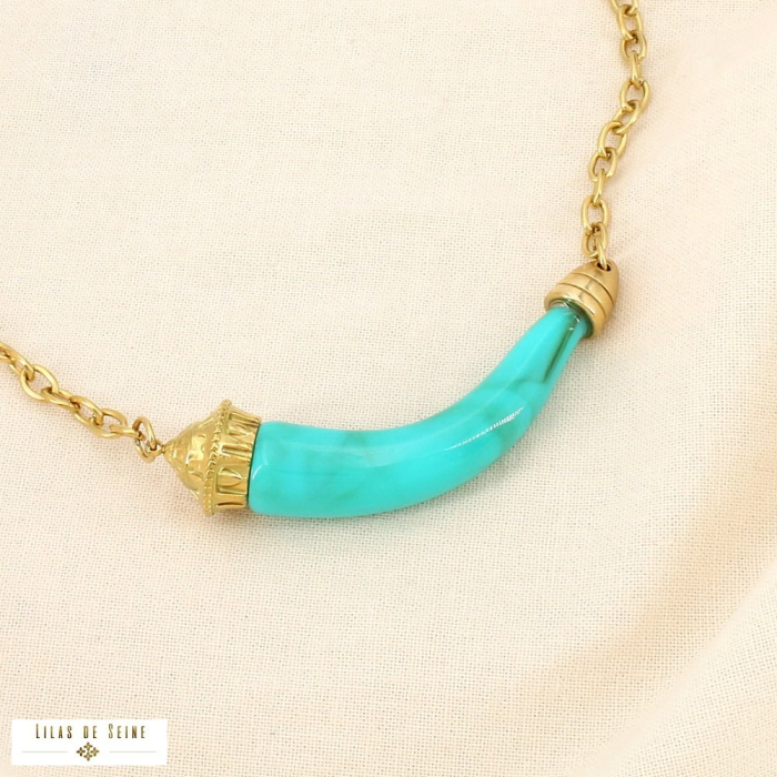 Collier acier inoxydable résine forme corne marbrée 0126056 bleu turquoise