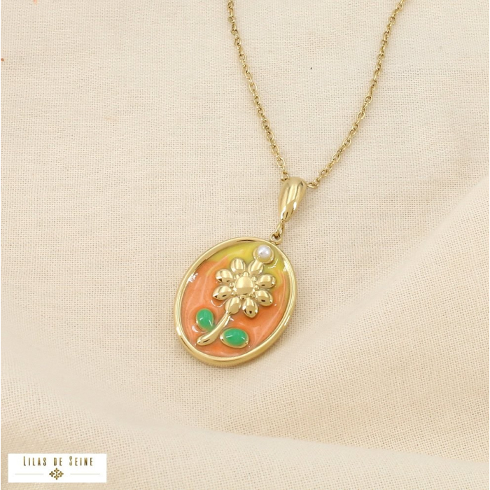Collier acier inoxydable médaillon ovale fleur émail 0126074 orange