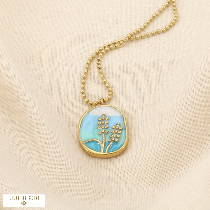 Collier acier inox. médaillon floral stylisé émaillé 0126075 vert aqua