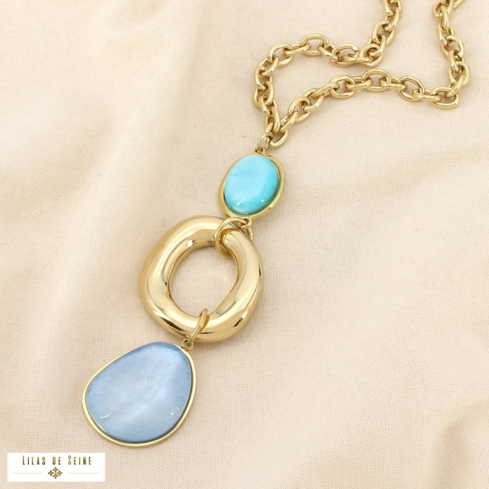 Collier contemporain chic acier pendentif résine 0126010 bleu ciel