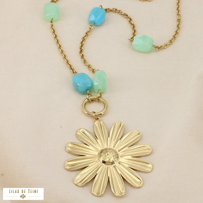 Sautoir fleur marguerite acier inox. résine marbrée 0126106 vert aqua