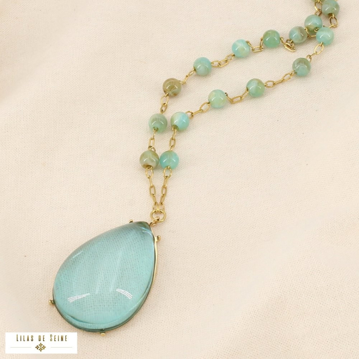 Collier pendentif goutte résine transparente acier 0126063 vert aqua