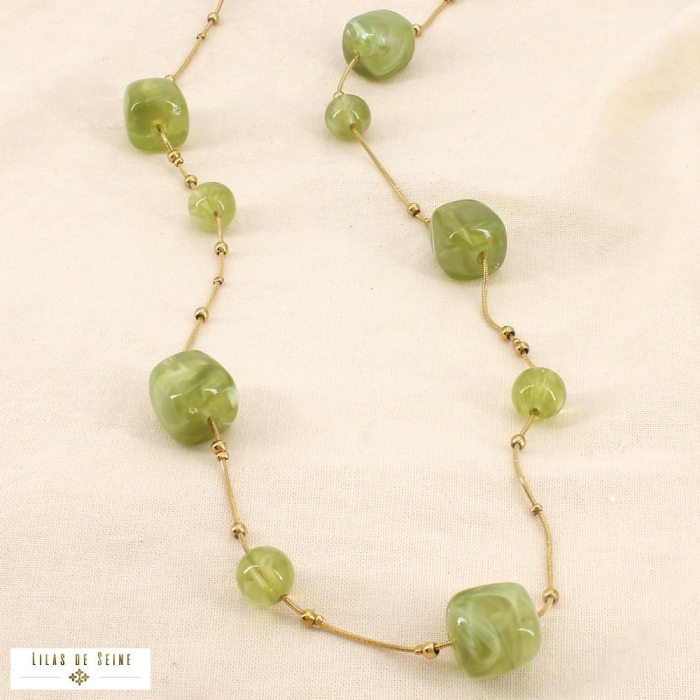 Sautoir résine marbrée acier chaîne maille serpent 0126053 vert kaki