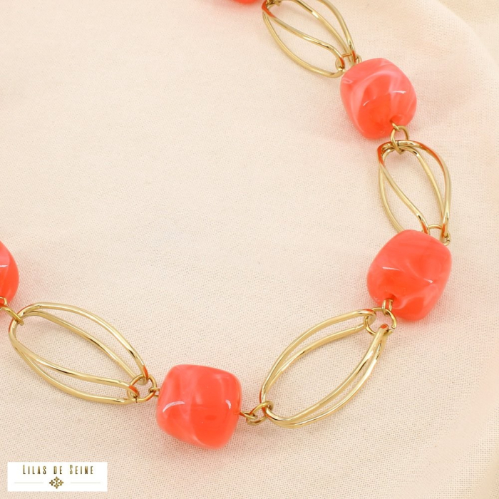 Collier cubes résine marbrée anneaux acier inox. 0126068 rouge corail