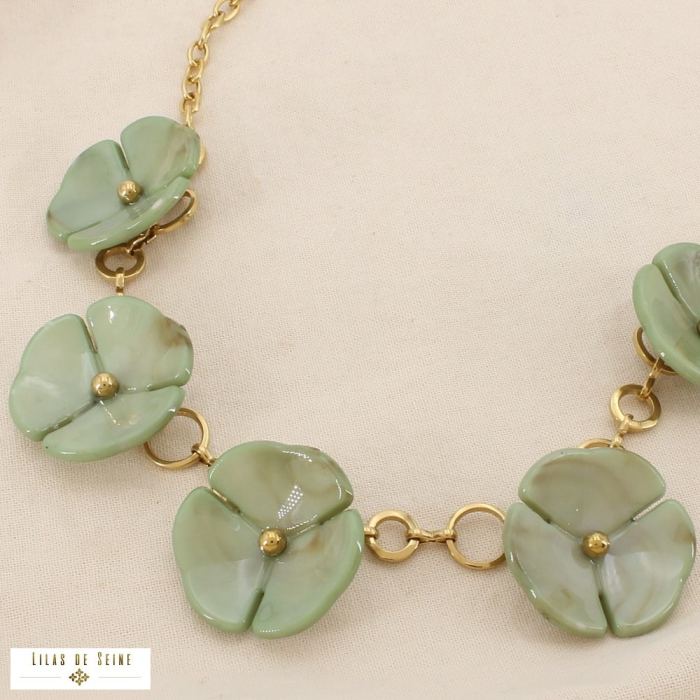Collier fleurs résine translucide marbrée acier 0126066 vert aqua