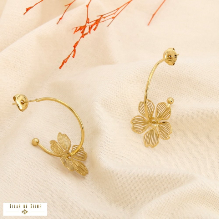 Créoles fleurs amovibles résine marbrée acier inox. 0326045 rose