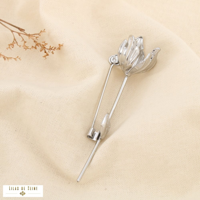 Broche épingle fleur stylisée acier inoxydable 0526004 argenté