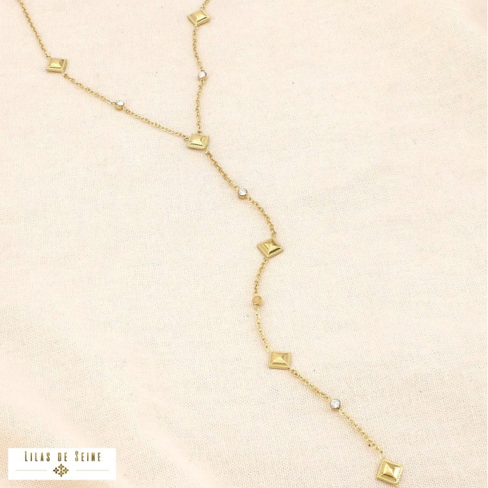 Collier Y géométrique acier inox. pyramides strass 0126036 doré